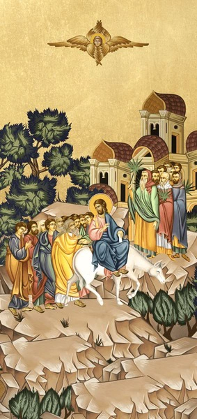 A depiction of Jesus entering Jerusalem on a donkey, symbolizing humility and kingship.