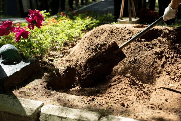 A farmer sowing seeds on various types of soil.